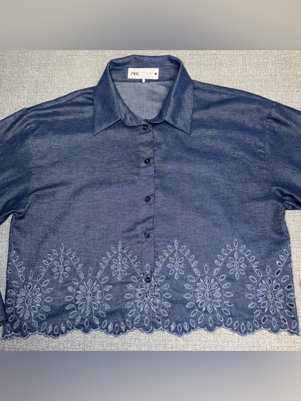 Zara Chambray Eyelet Embroidered Cropped Button Down Shirt - Picture 3 of 9